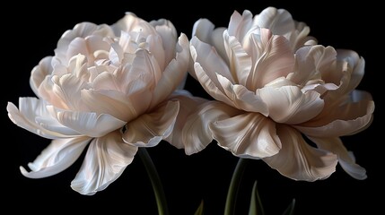   A photo featuring two white flowers against a black backdrop, with the larger bloom positioned in front and the smaller one positioned behind