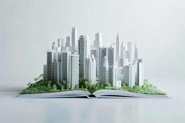 a pop up book with paper buildings of a city on the middle of pages