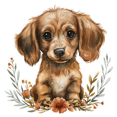cute dachshund with flower wreath vector illustration in watercolour style