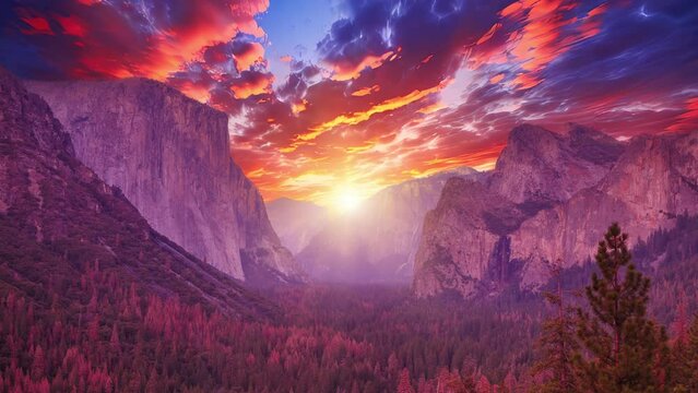 Magenta sunset in Yosemite National Park. El Capitan and Half Dome Tunnel View overlook in a pink sunset, golden hour. Summer american holidays. California, United States.