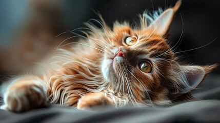   A tight shot of a cat lying on its back, head tilted to the side, and eyes wide open - obrazy, fototapety, plakaty