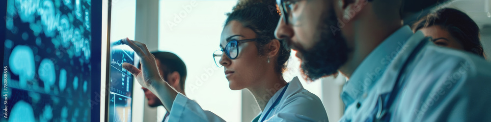 Poster team of professionals inquisitively reviews statistical data projected on a large monitor in a moder