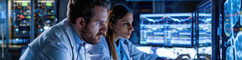 Poster two professionals engaged in monitoring multiple screens in a technologically advanced control cente