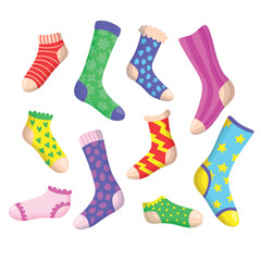 A set of fun colored socks. Vector flat design. Cute pattern. Isolated on white background