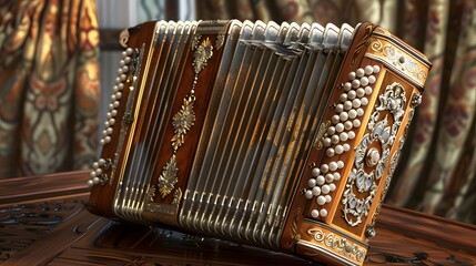 A photorealistic HD image of a luxury accordion with pearl inlays and golden trim, resting on an antique wooden table. The instrument's intricate details are sharply in focus - obrazy, fototapety, plakaty