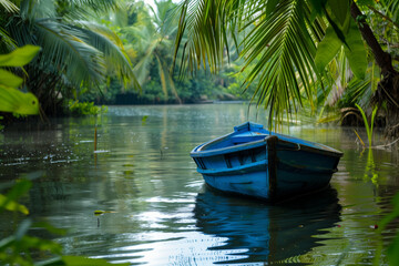 Naklejka na ściany i meble Boat on tropical river with lush greenery