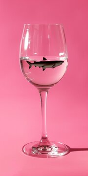 wine glass with water and shark inside isolated on pink background