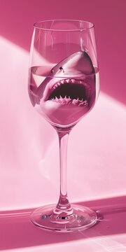 glass of wine with shark inside isolated on pink background 