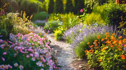 A picturesque garden full of summer blooms, including roses, daisies, and lavender, with a small stone path winding through it.