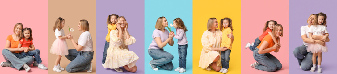 Set of happy mother and little daughter on color background