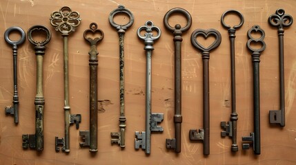 A set of old-fashioned keys - obrazy, fototapety, plakaty