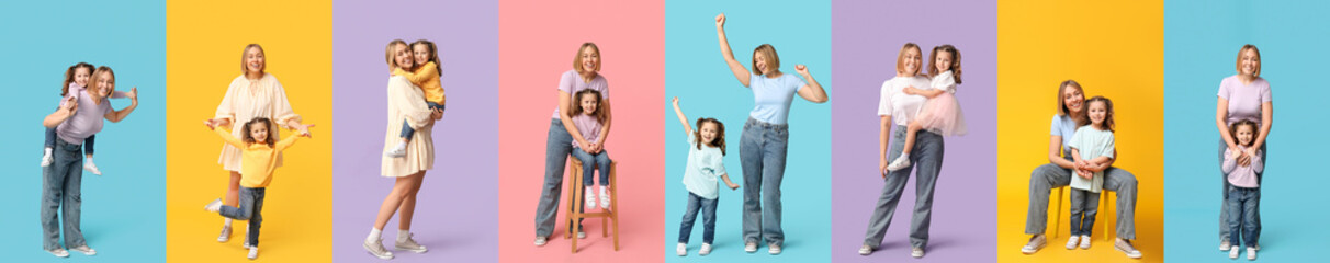 Set of happy mother and little daughter on color background - obrazy, fototapety, plakaty