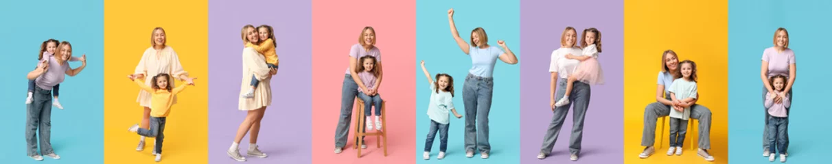Rolgordijnen Set of happy mother and little daughter on color background © Pixel-Shot