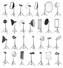 Collage of professional equipment for photo studio on white background