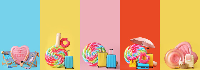 Set of inflatable mattresses with rings, suitcases and beach accessories on color background