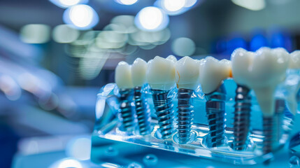 This brilliantly detailed shot showcases dental implant models used for educational or medical purposes, with focus on incisors and molars