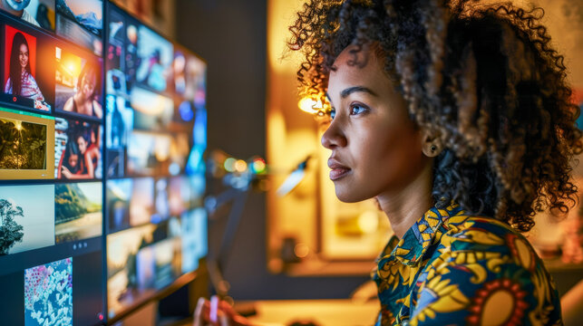 Curly-haired woman intensely focuses on editing photos on her computer screen in a creative workspace