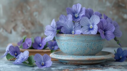 Obraz na płótnie Canvas A blue bowl with purple pansies sits atop a table alongside a small potted plant