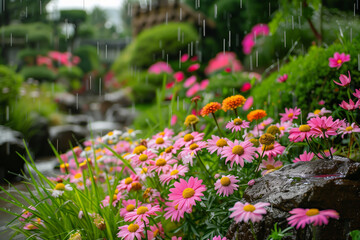 Obraz premium Garden flowers in the rain, pink daisies and orange blooms with wet rocks