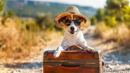 A cute dog with a straw hat sits on a sunlit road, gazing forward, holding onto a vintage suitcase - obrazy, fototapety, plakaty