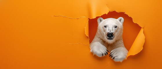A cute image of fluffy white cat paws emerging from a torn orange paper background, creating a playful and humorous concept