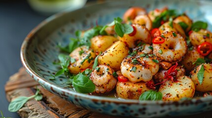   Close-up of a wooden table with a plate of shrimp and vegetables A glass of water sits nearby