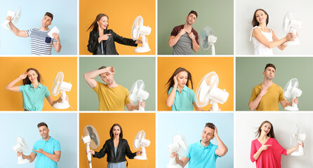 Set of young man and woman with electric fans on color background