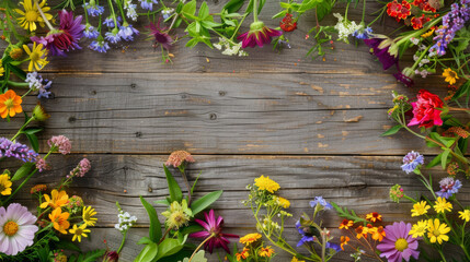 Naklejka na ściany i meble Colorful spring flowers on wooden background