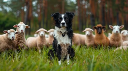 Naklejka na ściany i meble A black-and-white dog sits before a herd of sheep in a verdant field, dotted with trees