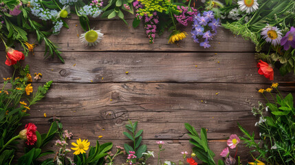 Fototapeta premium Vibrant spring floral border on wooden backdrop
