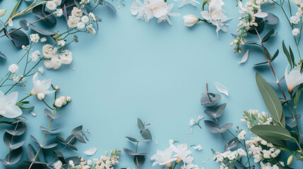 Serene springtime floral frame on pastel blue