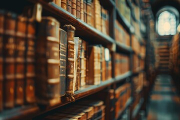 Blurred image of vintage books on library shelves for video conferencing background