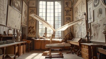 A Renaissance workshop, with an inventor working on a flying machine model made of wood and canvas. The room is filled with various tools, sketches of human anatomy and geometrical shape - obrazy, fototapety, plakaty