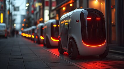 Night-time fleet of autonomous delivery robots, with glowing lights, navigating an urban setting. Smart city transportation and logistics powered by AI and innovative technology
