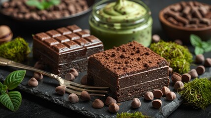   A chocolate cake sits atop a plate, accompanied by a fork and a mug of green tea