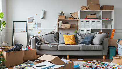 Sofa with shelving unit and drawers in messy dining room - obrazy, fototapety, plakaty