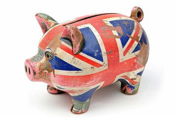 British currency in piggy bank on white background