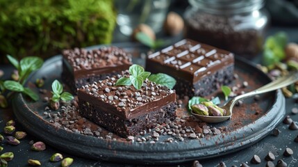   A plate holds brownies topped with chocolate and green leaves Nearby, a spoon is adorned with chocolate and sprinkles - obrazy, fototapety, plakaty