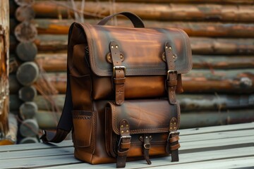 Brown handmade leather backpack sold in leather workshop - obrazy, fototapety, plakaty