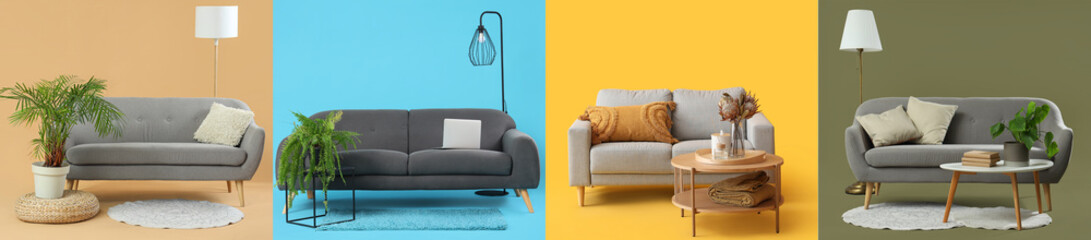 Collage of stylish sofas with decor on color background