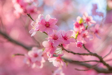 Naklejka premium Cherry blossoms in full bloom against soft pink background