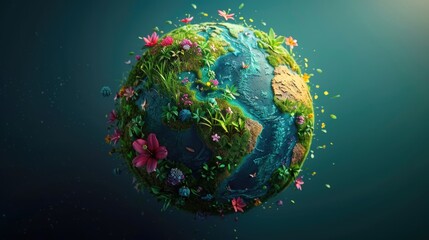 A minimal depiction of Earth with a forest canopy on one side and wildflowers on the other against a pastel backdrop, emphasizing conservation and natural beauty. Earth Dat greeting card.