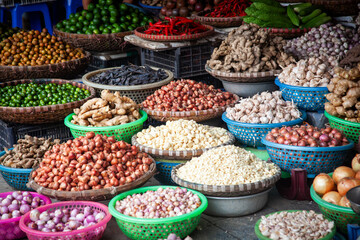 tropical spices and fruits sold at a local market in Hanoi (Vietnam) - 780891611