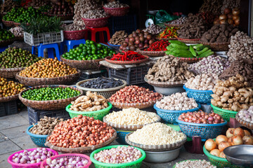 tropical spices and fruits sold at a local market in Hanoi (Vietnam) - 780891615