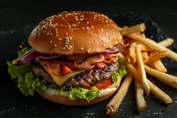 Burger and fries on dark background