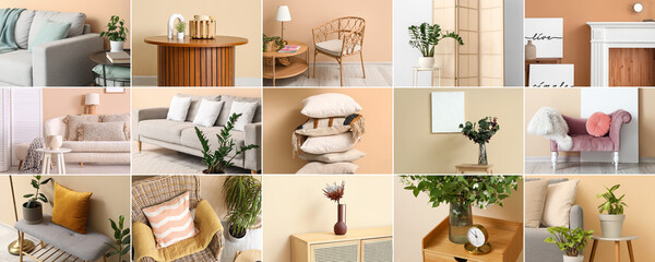 Obraz premium Set of stylish minimalist interiors with beige wall