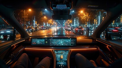 Luxury car interior, city night drive. Illuminated dashboard, advanced navigation, infotainment system. Comfortable journey, modern vehicle technology. Futuristic car cockpit, urban road view.