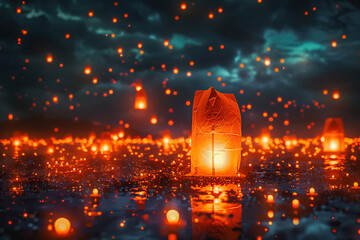 Group of Lanterns Floating on Water