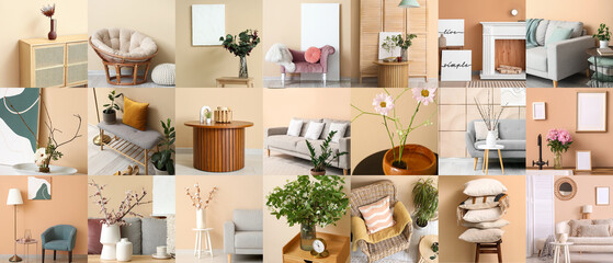 Collage of stylish minimalist interiors with beige wall