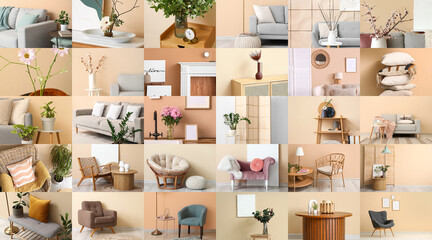 Obraz premium Collection of stylish minimalist interiors with beige wall